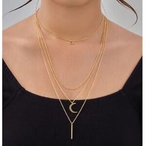 Sterling Forever Crescent Moon & Bar Multi Layer Necklace - Gold - NWT